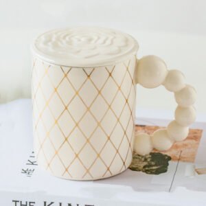 Geometric Beaded Handle Ceramic Mug White