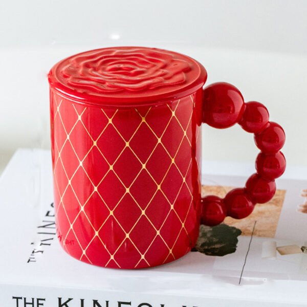 Geometric Beaded Handle Ceramic Mug Red