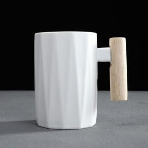 Textured Wooden Handle Ceramic Mug White