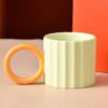 Two Tone Stripe Textured Ceramic Mug Beige