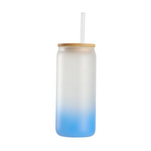 Wooden Lid Gradient Glass Water Bottle Blue