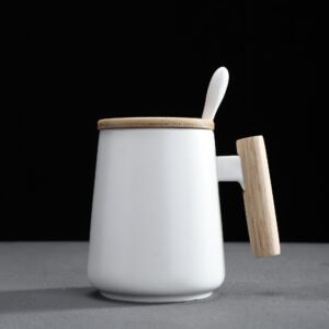 wooden handle coffee mug white