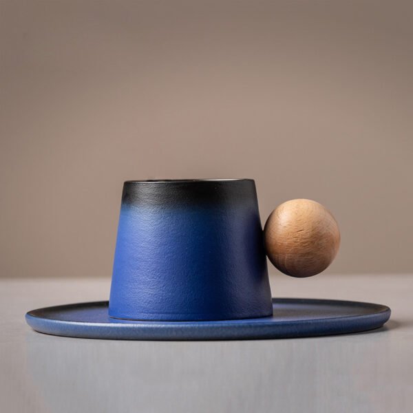 Vintage Wooden Ball Handle Ceramic Mug Blue