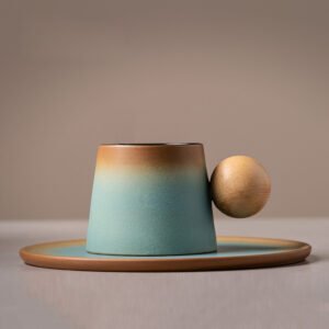 Vintage Wooden Ball Handle Ceramic Mug Cyan