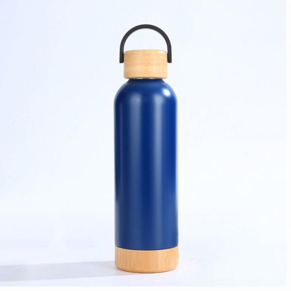 Wooden Lid & Bottom Stainless Thermos Bottle Blue