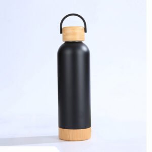 Wooden Lid & Bottom Stainless Thermos Bottle Black