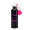 Slogan Print Water Bottle With Pom Pom Accent Black