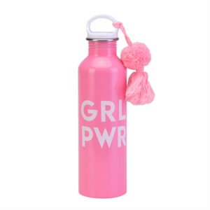 Slogan Print Water Bottle With Pom Pom Accent Pink
