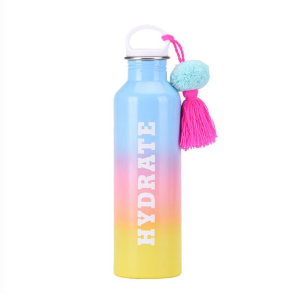 Slogan Print Water Bottle With Pom Pom Accent Yellow