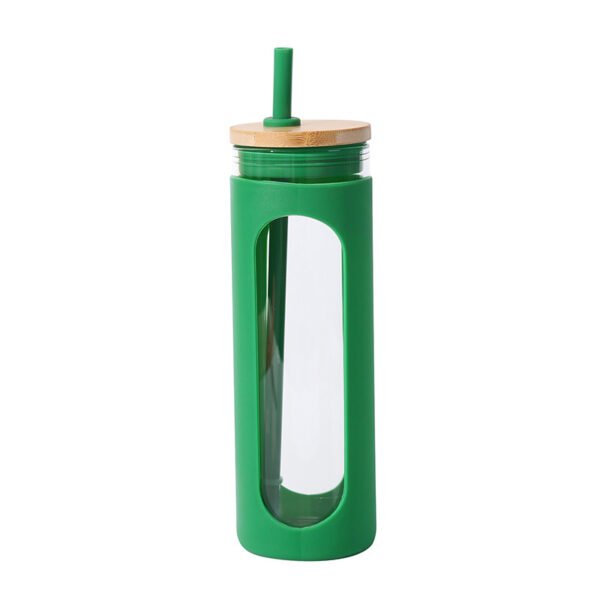 Wooden Lid Glass Straw Water Bottle Green