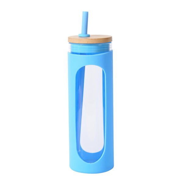 Wooden Lid Glass Straw Water Bottle Blue